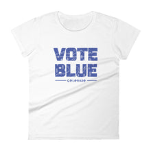 Load image into Gallery viewer, Vote Blue Colorado Women&#39;s T-shirt by Emily Mulvey - Blue Text