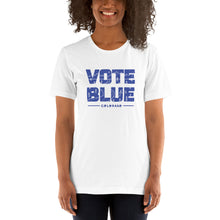 Load image into Gallery viewer, Vote Blue Colorado T-Shirt by Emily Mulvey - Blue Text